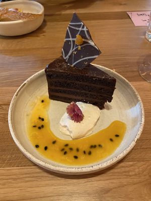 Passion Fruit Sachertorte, Chantilly, Apricot Passion Mendiant  at Mallow - Canary Wharf in East London