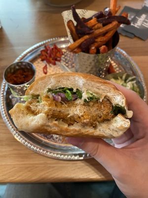 Chick’n Parmesan Burger (with added cheese)  at Mallow - Canary Wharf in East London