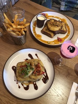 Cajun fried, crème brûlée French toast, kimchi croque Monsieur (and a lychee martini)  at Mallow - Canary Wharf in East London