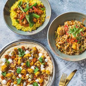 join us for our express lunch menu, available weekdays 12-3pm. achiote cauliflower flatbread, okra kaju kari, or kimchi bibim noodles at Mallow - Canary Wharf in East London