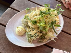 Frito misto artichoke, tenderstem, courgette, broad bean etc  at Mallow - Canary Wharf in East London