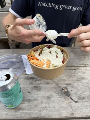 Buddha bowl with chickpeas  and vegan yogurt dressing at soPlanty Corner in Bohinjsko Jezero