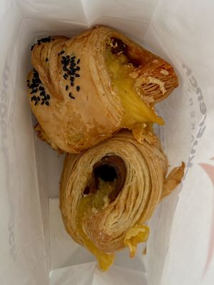 Cheese ham and cheese sausage croissants  at TheDorkyFrench Vegan Bakery in Glasgow