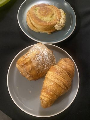 Top: Pistachio supreme roll, bottom: Hazelnut pain au chocolat & croissant  at TheDorkyFrench Vegan Bakery in Glasgow