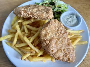 Vegan fish and chips (these ones were undercooked)   at Highland Farm Cafe in Dingwall