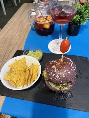 Vegan burger with tortilla chips   at La Marea & Copacabana in Tenerife