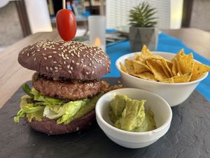 Burger & tortilla chips   at La Marea & Copacabana in Tenerife