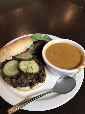 Vegan black bean burger with side butternut squash soup. Divine at Webster's Cafe in State College