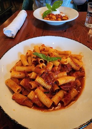 Egg free pasta and spicy tomato sauce with basil at Terroni in Toronto