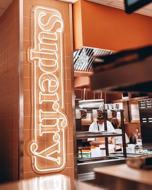 Welcome to the kitchen. Superfry Neon Sign at Hulala in Dusseldorf