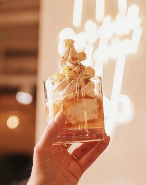 plant-based softice with caramel sauce and popcorn at Hulala in Düsseldorf. at Hulala in Dusseldorf