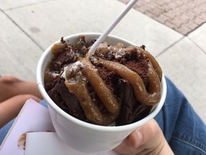brownie sundae with vanilla soft serve and caramel  at Kelly's Bake Shoppe in Oakville