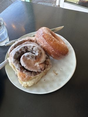 Glazed donut and cinnamon roll  at Mister Nice Guy's Bakeshop in Ascot Vale