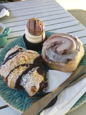 Cupcake, cinnamon bun and babka at Mister Nice Guy's Bakeshop in Ascot Vale