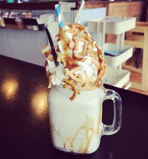 Salted caramel pretzel stein loaded shake at Mister Nice Guy's Bakeshop in Ascot Vale