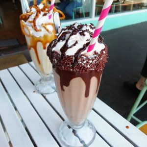 Choc Lochness shake (also gf) and salted caramel shake at Mister Nice Guy's Bakeshop in Ascot Vale