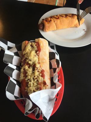 Meatball sub and pretzel dog at Mister Nice Guy's Bakeshop in Ascot Vale