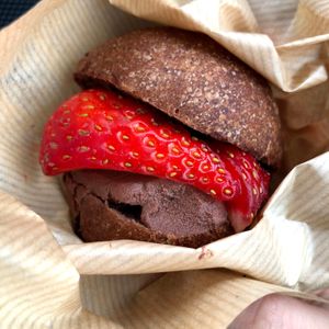 So gorgeous. A round bread with strawberry and chocolate cream. at Tomachisandwich in Toyama