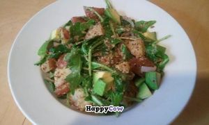 Warm Potato Arugula Salad - served daily.  Fresh arugula, roasted potatoes, avocado, and shallots all tossed with a homemade stone ground mustard dressing. Vegan, gluten free, soy free! at Om Cafe in Ferndale