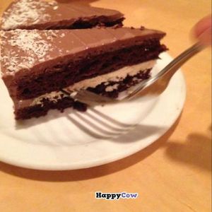 vegan coconut cream and chocolate cake at Om Cafe in Ferndale