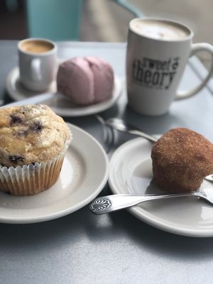 Strawberry ice cream, espresso, GF blueberry muffin, cin+sugar donut muffin ! at Sweet Theory Baking Co. in Jacksonville