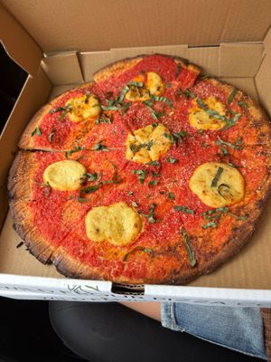 Vegan margherita pizza with gluten-free crust at Wild Flour Pizza Co in Burnaby