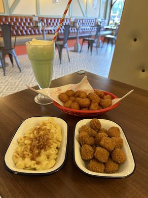 Key lime milkshake, tater tot’s, popcorn chicken, Mac n cheese 😋  at Dimpsy's Diner in Plymouth