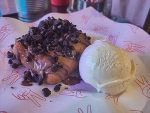 Deep fried cookie dough - like something from a state fayre! at Dimpsy's Diner in Plymouth