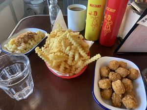 Sides: Mac n cheese, popcorn chicken and crinkle fries  at Dimpsy's Diner in Plymouth