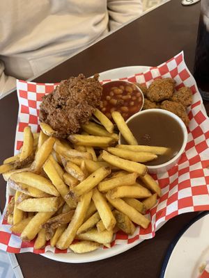 ‘Kruelty free combo meal’ buttermilk chicken, popcorn chicken, bbq beans, fries, gravy  at Dimpsy's Diner in Plymouth