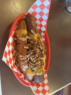Cheese and bacon dog   at Dimpsy's Diner in Plymouth