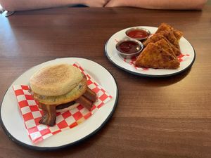 Breakfast sandwich and hash browns at Dimpsy's Diner in Plymouth