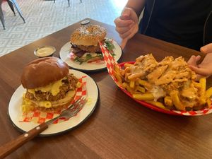 Mac Daddy Chicken Burger, Bagel Special and Buffa loaded fries(i think) at Dimpsy's Diner in Plymouth