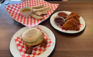 Breakfast sandwich, hash browns and dippy egg and soldiers  at Dimpsy's Diner in Plymouth