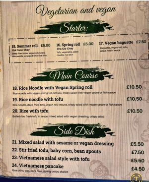 Vegan menu at Yumy Yumy House  in Cromer