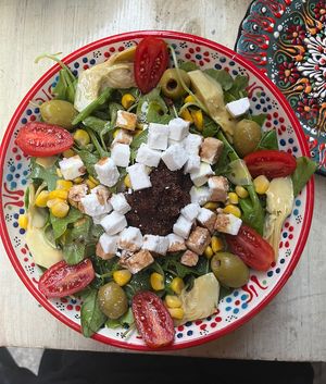 meditarrean salad made vegan (coconut cheese replacement)  at The Rootz Bar in Valletta