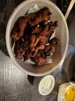 Portabello "strips" with vegan tater sauce, brought me back to my New England fried clam childhood at Rice in Manhattan Beach