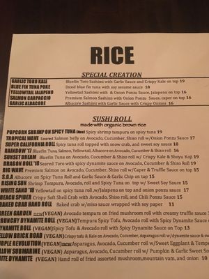 Sushi menu at Rice in Manhattan Beach