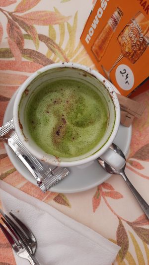 Matcha cappuccino with soy milk and chocolate powder at Carmen in Miedzyzdroje