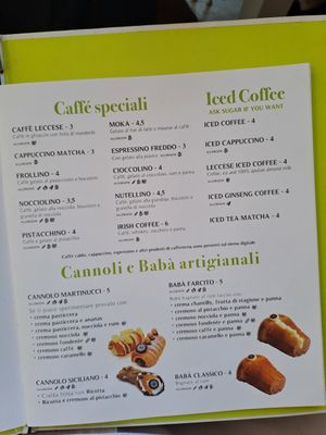 Menu at Martinucci Laboratory in Lecce