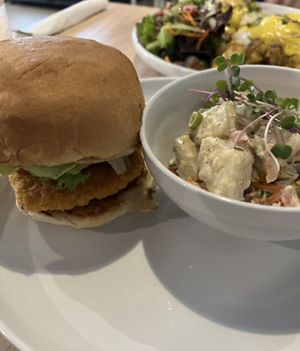 Chick’n burger with a side of potato salad  at Stillfood Bistro & Cappuccino Bar in Penticton