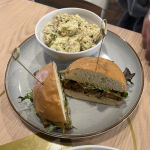 Smash Burger with Potato Salad  at Stillfood Bistro & Cappuccino Bar in Penticton