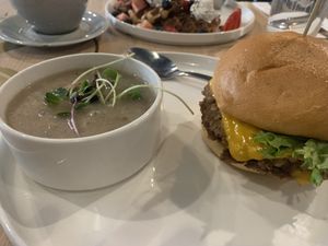 Burger and soup as a sidee  at Stillfood Bistro & Cappuccino Bar in Penticton