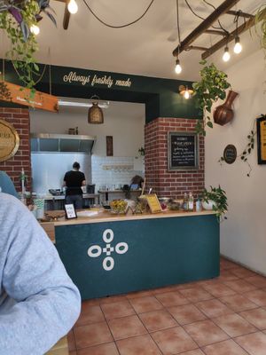 Counter where they prepare the dishes at FALAFELO in Brno