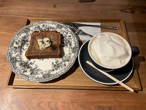 Toasted banana bread and soy latte  at Café Morning Box - カフェモーニングボックス in Osaka