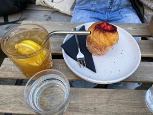 Ice tea and strawberry matcha cruffin  at Crave Coffee & Bakery in Rotterdam