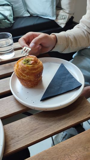 Pistachio cruffin at Crave Coffee & Bakery in Rotterdam