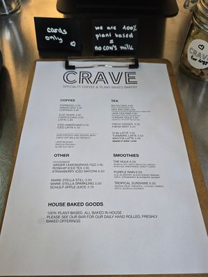 Menu + note: no cows milk! at Crave Coffee & Bakery in Rotterdam