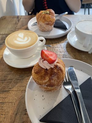 Strawberry and pistachio cruffin   at Crave Coffee & Bakery in Rotterdam