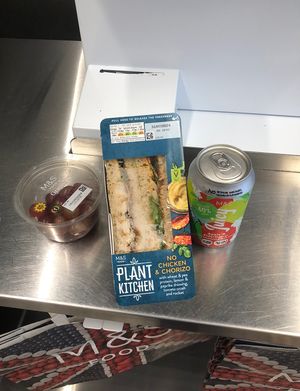 Meal deal: No chicken & chorizo sandwich, grapes and apple elderflowers sparkling water (£5.50)  at LHR - M&S Simply Food - T5 in West London